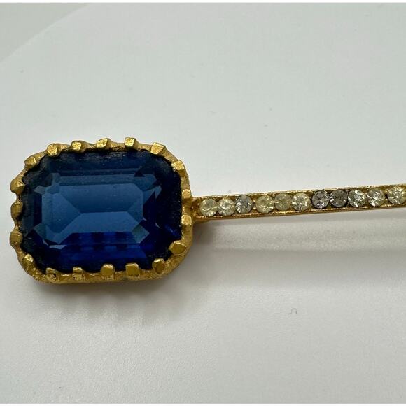 1950s vintage gold tone blue Uranium glass clear rhinestones scepter brooch pin - Picture 5 of 9